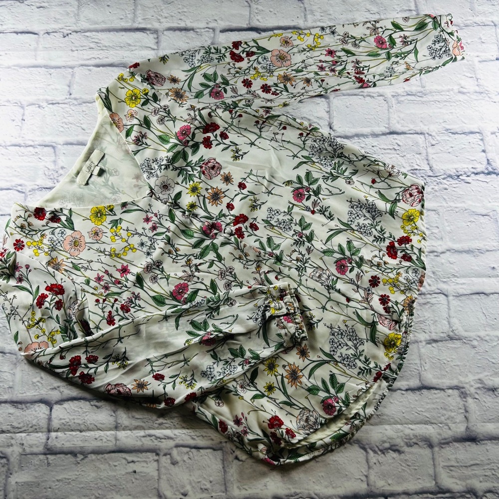 LOFT Womens Small Floral V-Neck Button Front Blouse Cream Multicolor